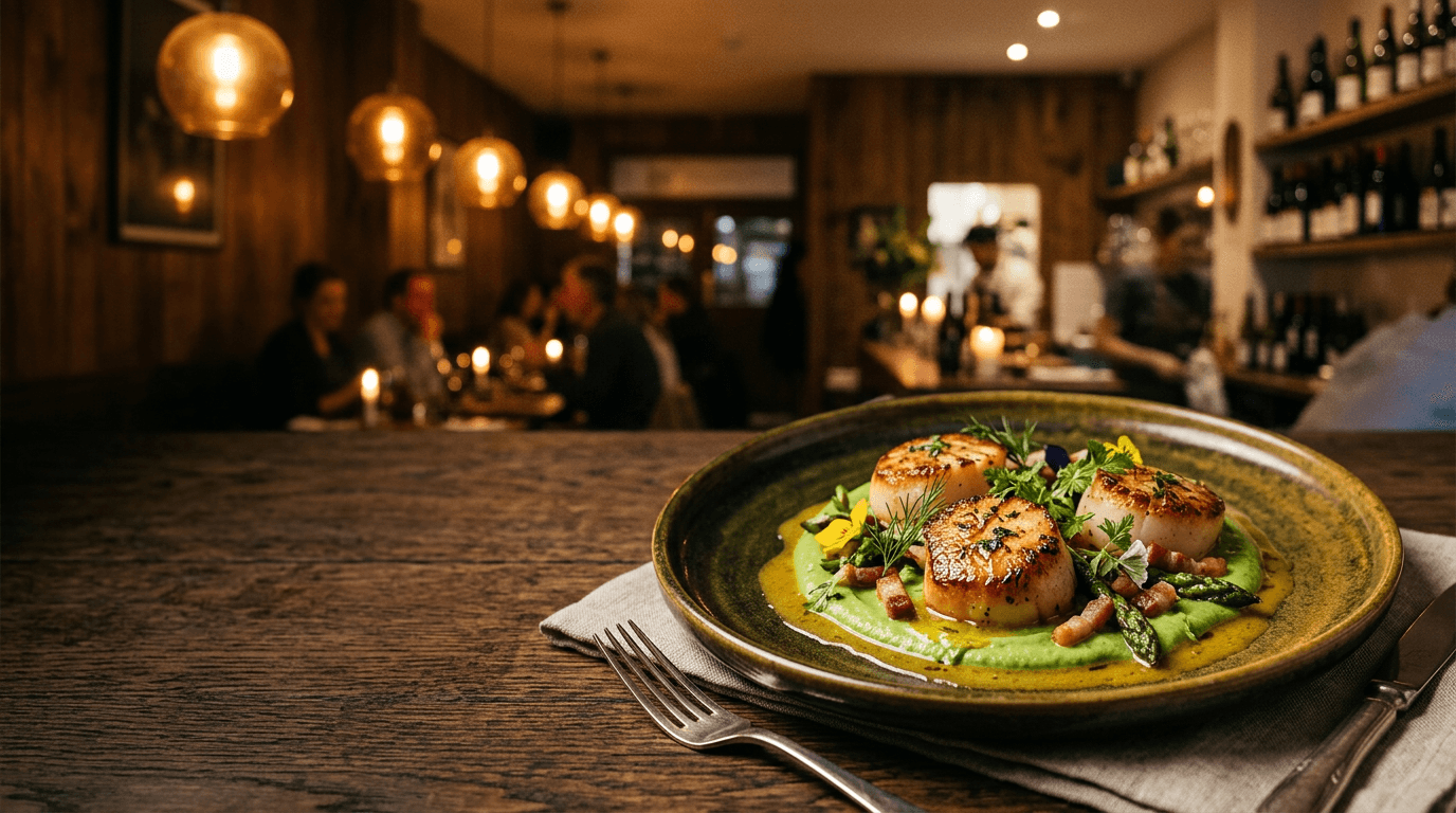 Seared scallops on a wooden table inside Juniper and Oak
