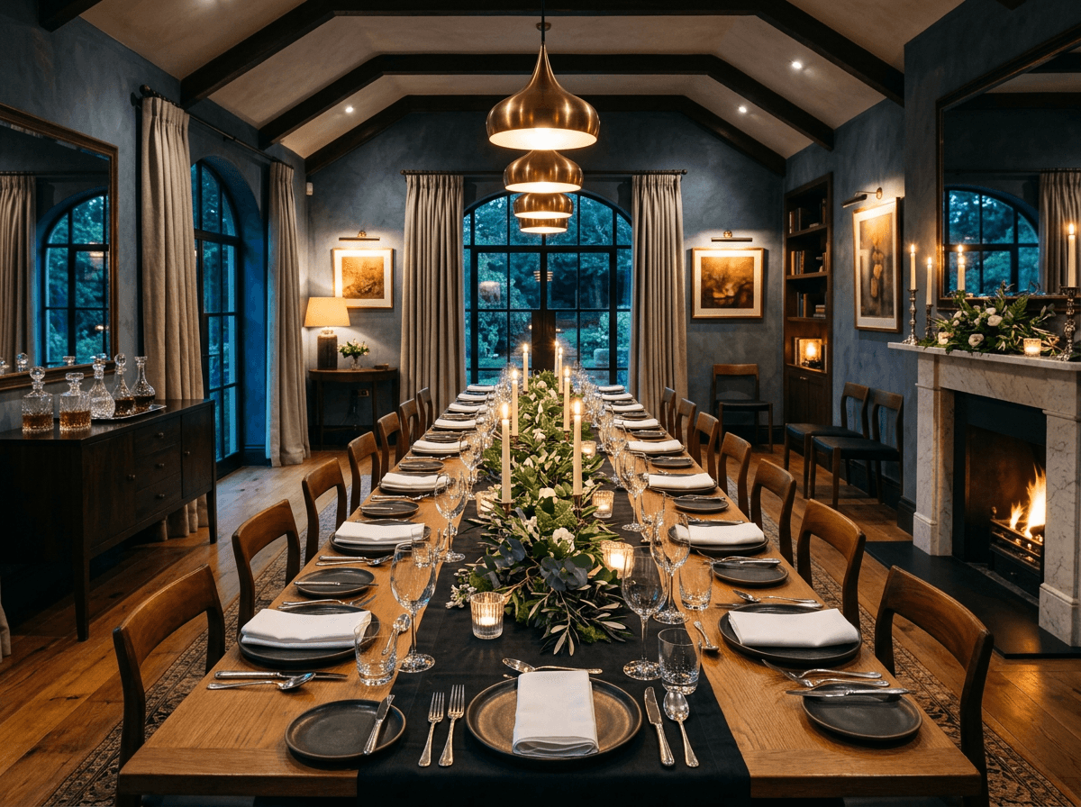 Elegant candlelit private dining room set for a group