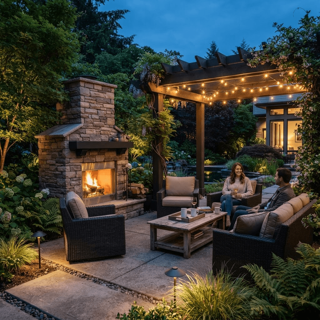 Outdoor living space with stone fireplace at dusk