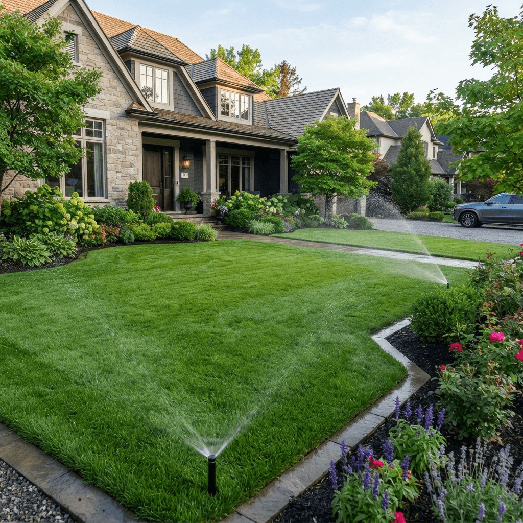 Pristine manicured lawn with irrigation running