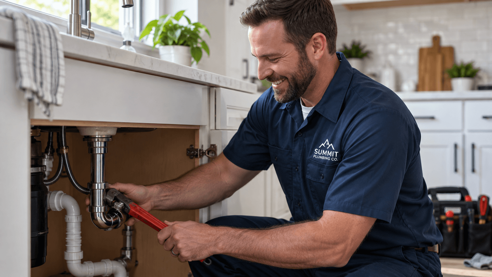 Summit Plumbing Co. technician repairing a kitchen sink