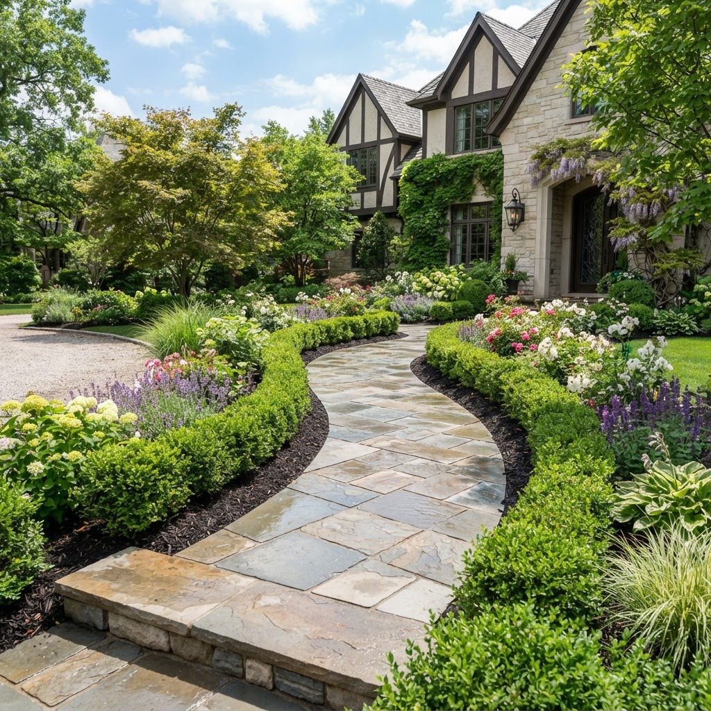 Natural stone paver walkway through a landscaped yard
