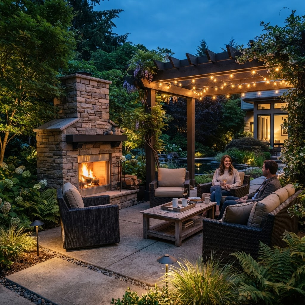 Outdoor living space with stone fireplace at dusk