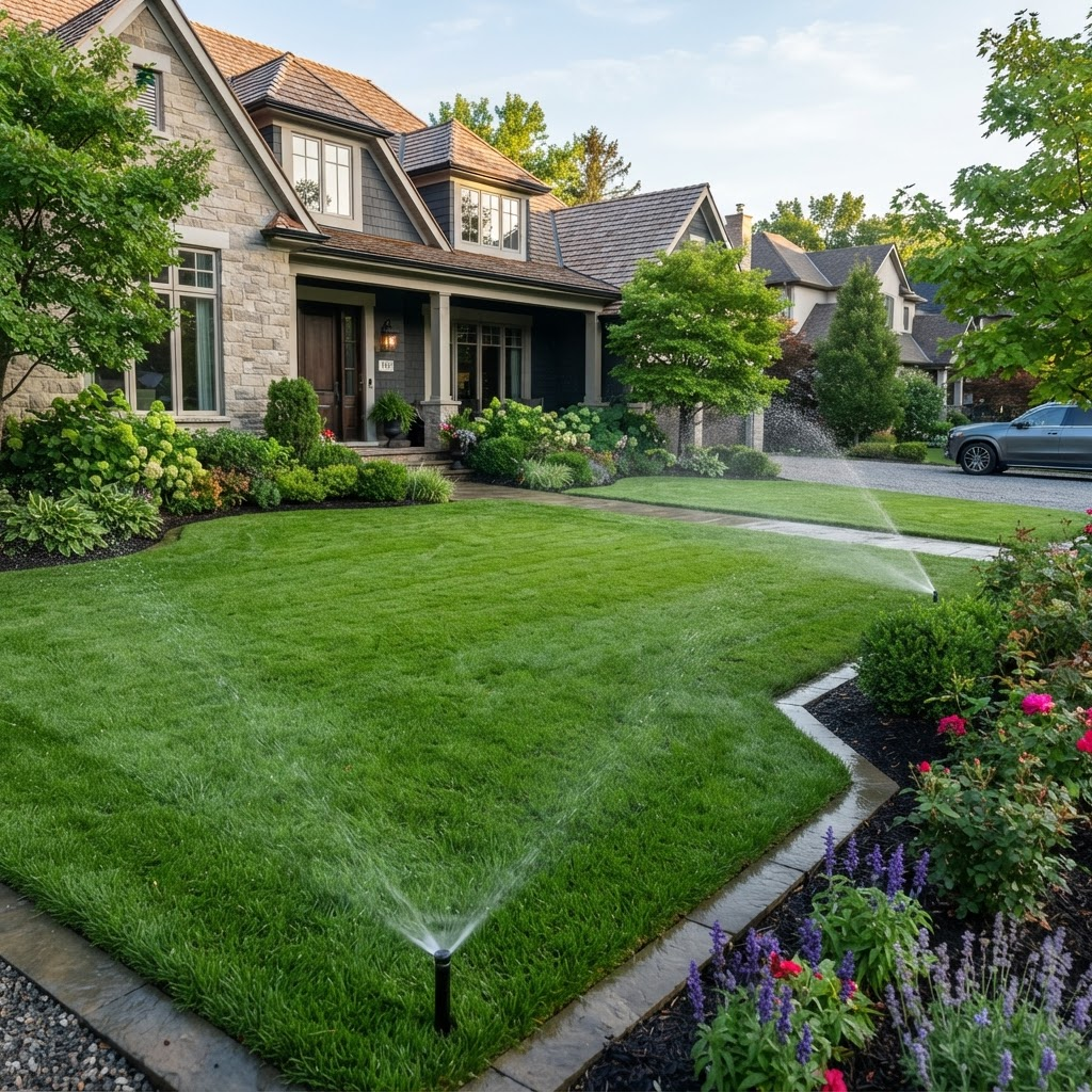 Pristine manicured lawn with irrigation running